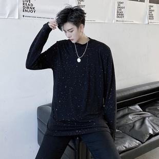 秋季潮牌暗黑休闲长袖T恤男宽松网红抖音痞帅闪亮发光金粉打底衫