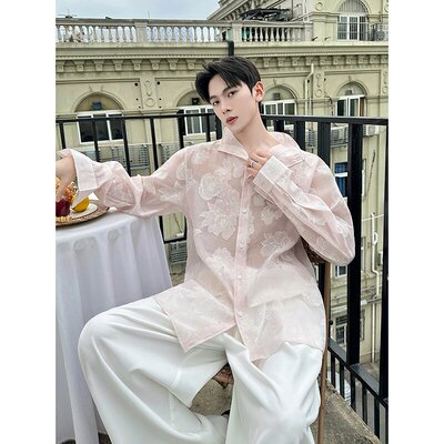 夏季轻薄印花云雾纱微透提花洋气穿搭衬衣男休闲透气时尚防晒衬衫