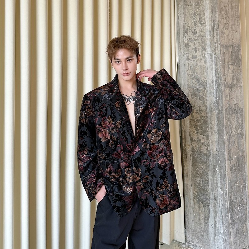 春季法式复古植绒提花休闲西服外套轻奢痞帅雅痞时尚花卉西装洋气