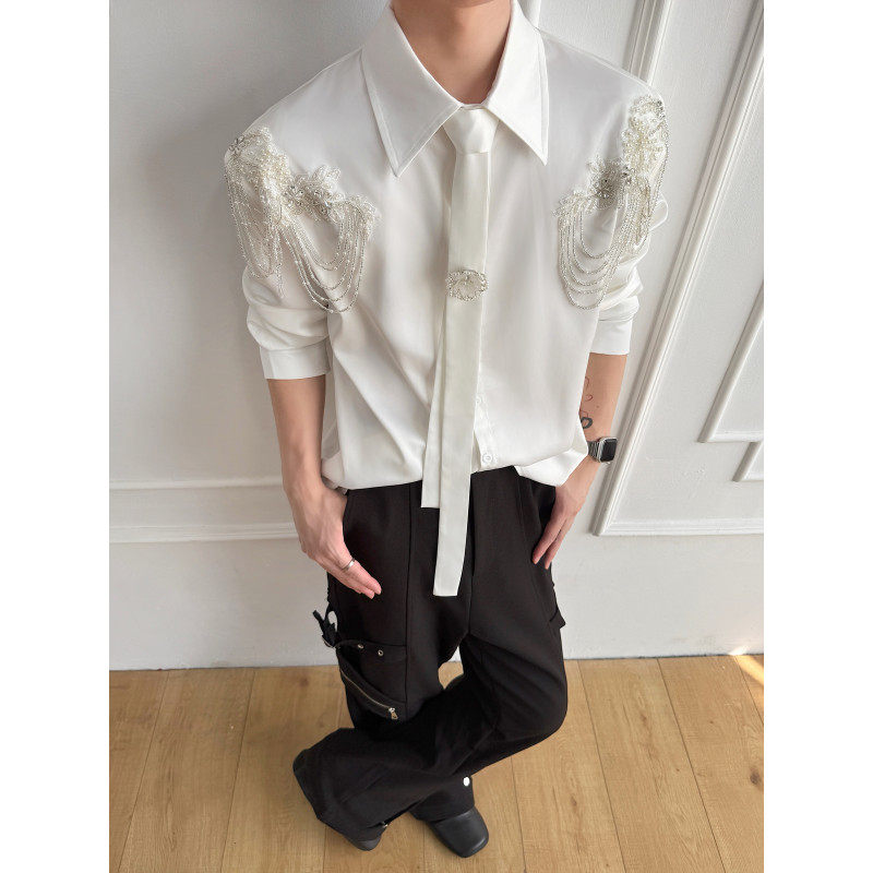 轻奢礼服珠片水钻刺绣领带醋酸丝滑亮面衬衫长袖男团演出挂链衬衣