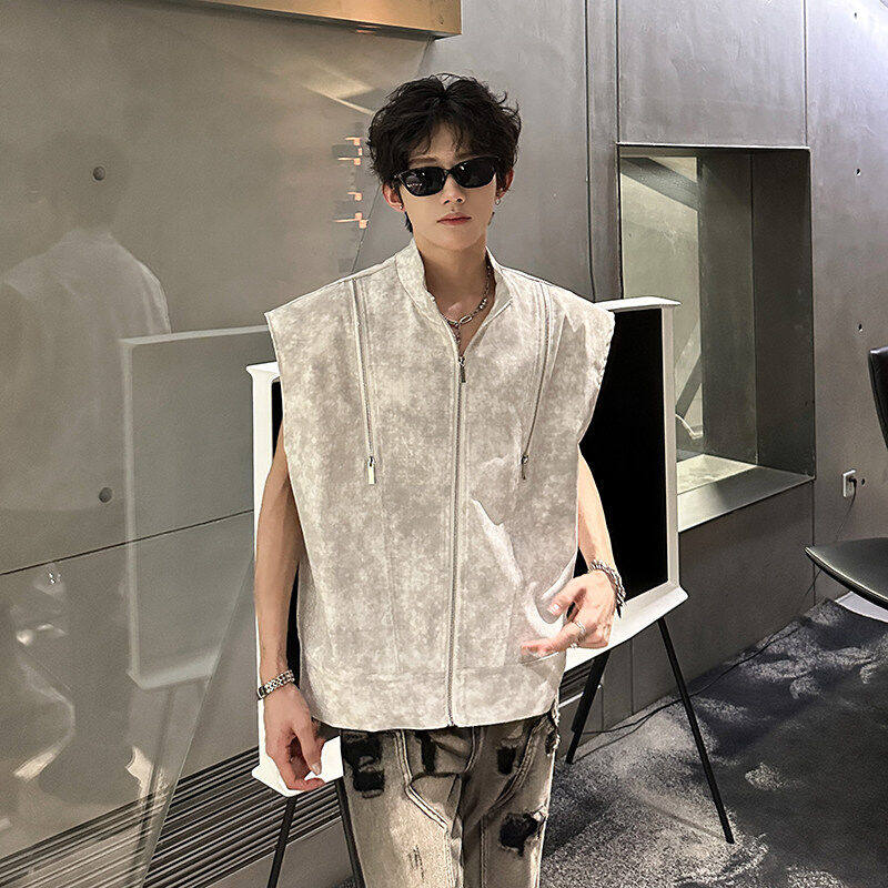 小众重金属拉链设计垫肩无袖背心男夏季潮牌美式脏脏布小短款马甲