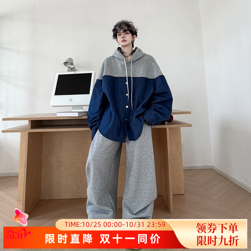 秋装复古假两件拼接连帽廓形卫衣套装男高街运动休闲弯刀长裤一套