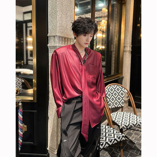 春夏轻奢气质领带设计感衬衫男垫肩绸缎上衣高级感复古雅痞衬衣潮