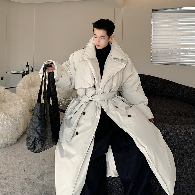 冬装韩版廓形加厚双排长款羽绒棉服男腰带设计保暖防寒东北棉袄子