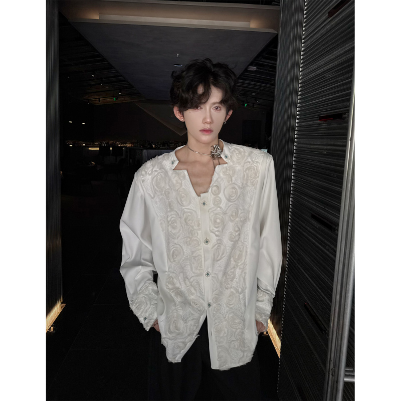 宫廷风白色蕾丝立体玫瑰花衬衫男装坠垂设计感重工刺绣高级感衬衣
