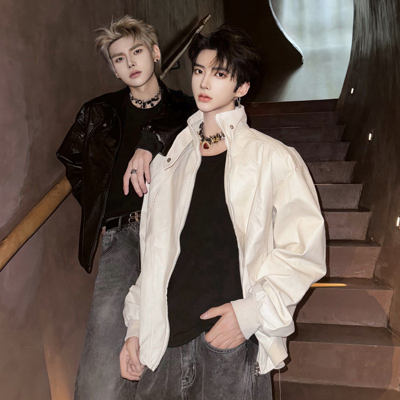 小众立领设计皮夹克男模穿搭上衣垫肩机车外套短款高级感痞帅廓形