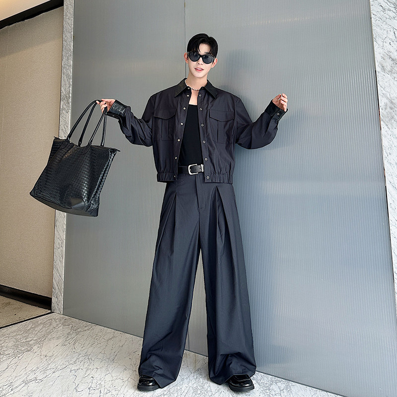 春秋季小众设计师撞色拼皮短款夹克外套男工装阔腿裤长裤两件套潮