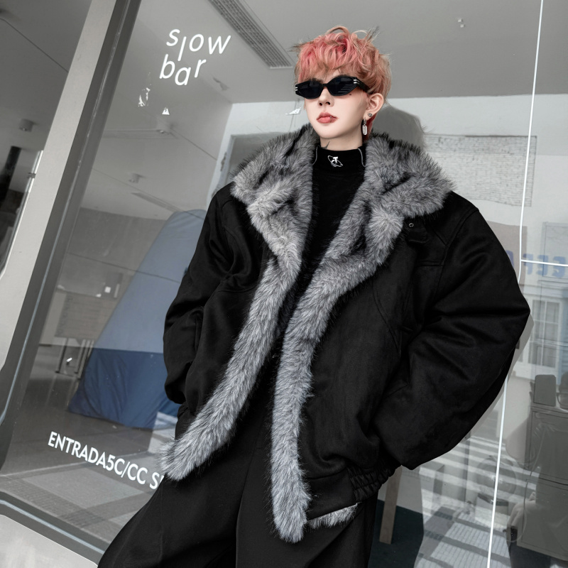 座山雕麂皮绒皮毛一体棉服男冬季加厚保暖设计感美式翻领夹克外套