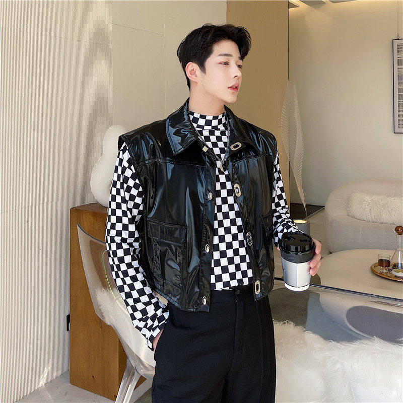 春秋ins复古痞帅PU亮皮马甲男韩版短金属扣设计感坎肩外套发型师,男装,常规马甲,淘宝优惠券,粉丝福利购,淘宝优惠卷