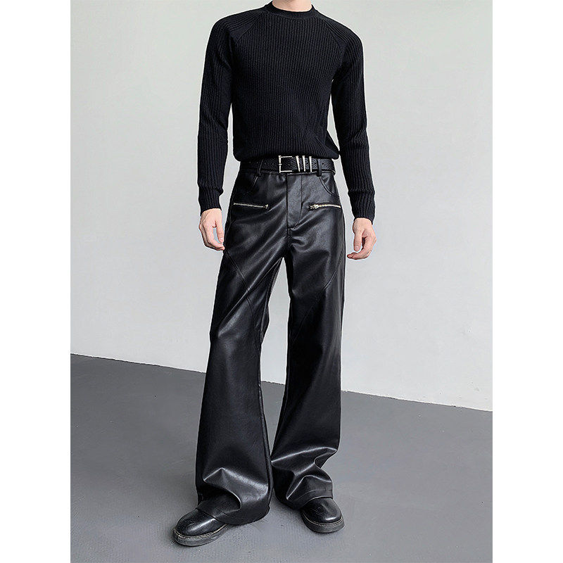 复古暗黑高街拉链设计感PU皮裤子男cleanfit痞帅微喇长裤机车朋克