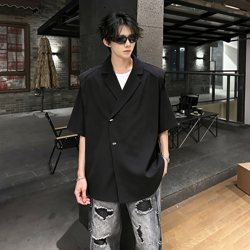 黑色痞帅古巴领垫肩短袖衬衫男士夏季穿搭斜门襟高级感衬衣发型师