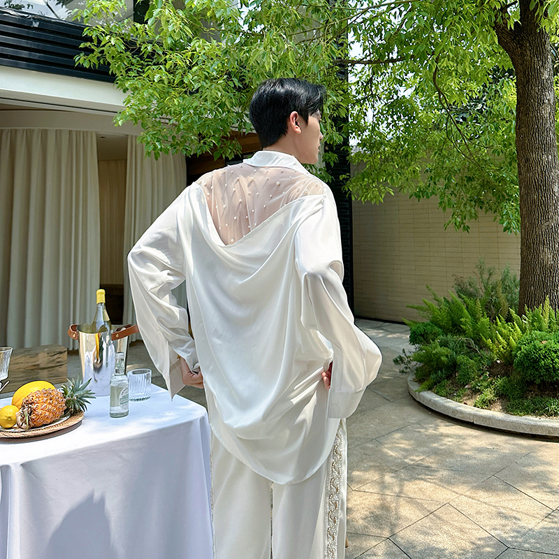 珠光宝气微透款长袖衬衫男女坠垂设计感高级丝光缎面上衣网纱时尚