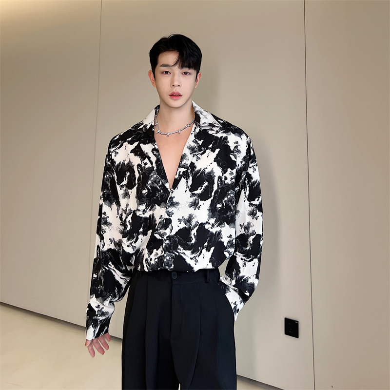 夏季小众水墨扎染印花垂感古巴领衬衣男长袖设计感痞帅炸街发型师