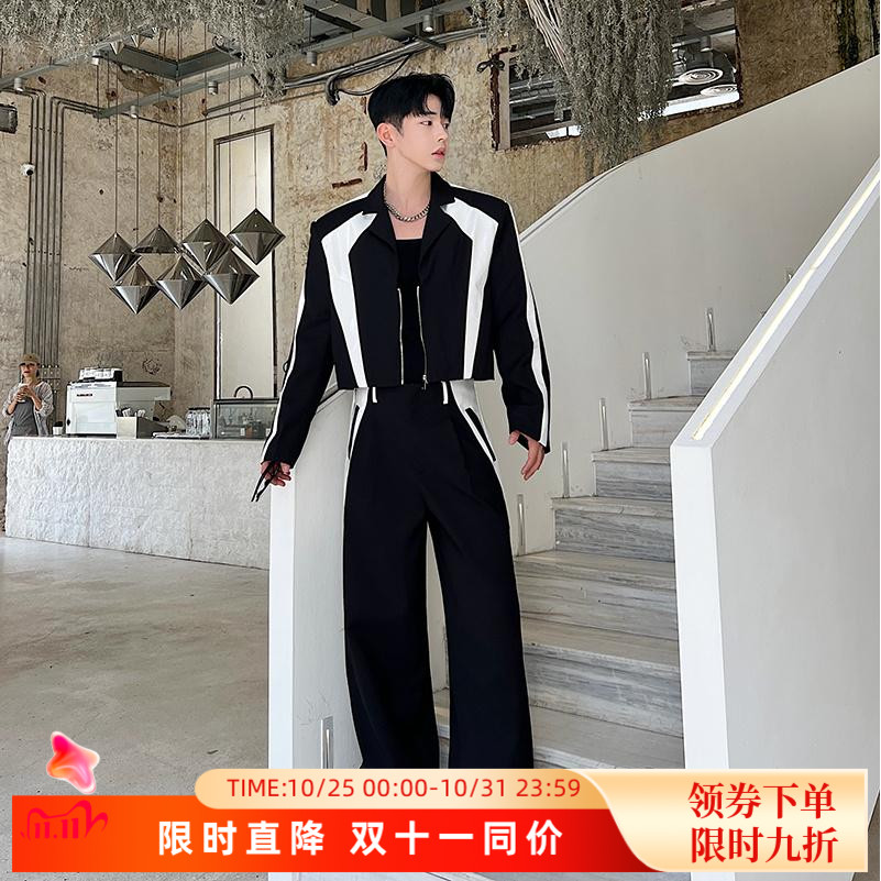 春秋小众黑白撞色短款西装外套男套装韩版痞帅高级感阔腿裤两件套