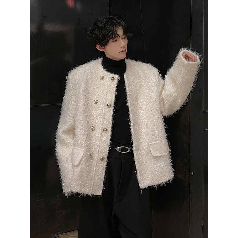 秋冬小香风高级感双排扣外套男宽松韩系穿搭休闲呢子夹克上衣呢料