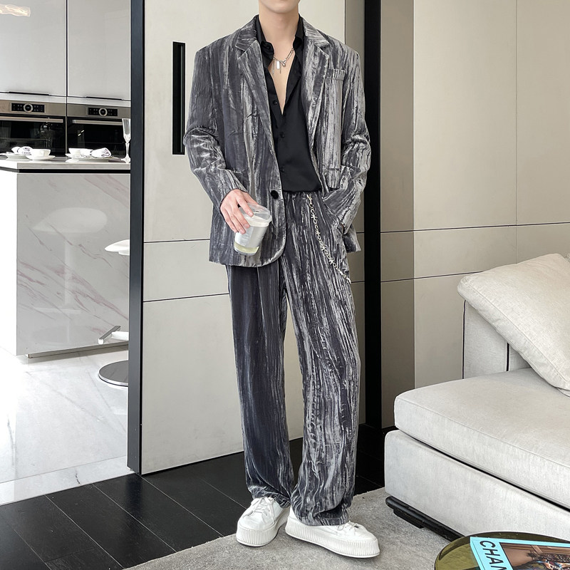 ins轻熟风高级感复古质感丝绒休闲西装外套男痞帅时尚阔腿裤套装