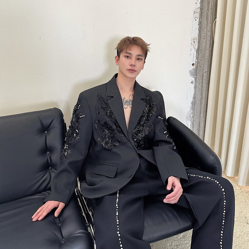 春季小众立体绣花亮片设计雅痞西装外套男高级感痞帅垫肩西服潮流