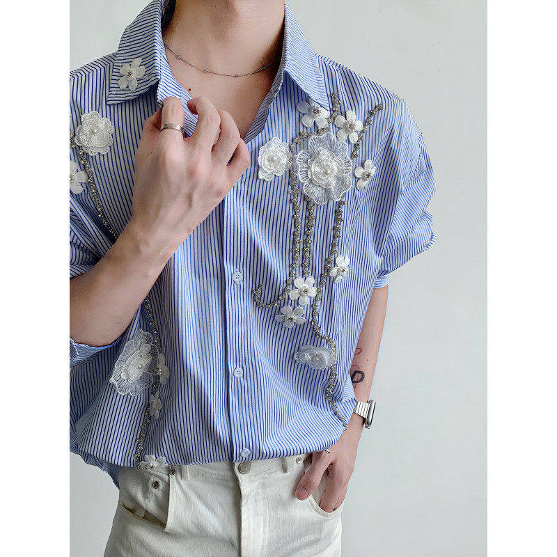 韩系穿搭上衣男装立体蓝色条纹水钻长袖衬衫高级感气质设计感衬衣