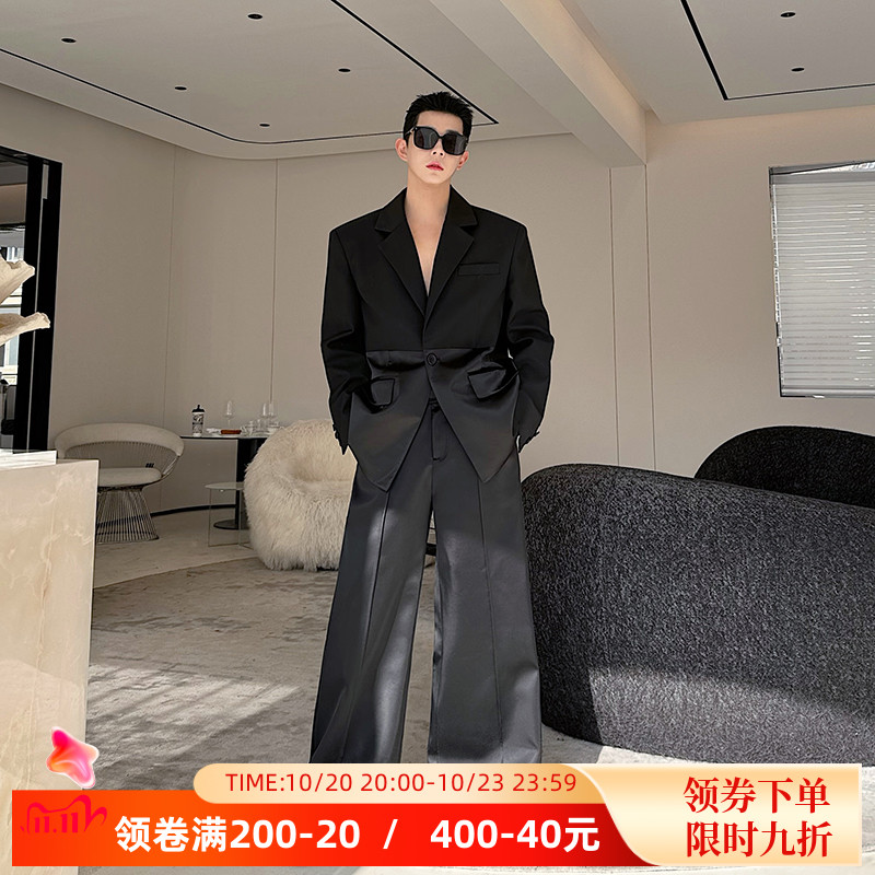 春季走秀款立体解构醋酸拼接垫肩西服套装男高级痞帅阔腿裤两件套