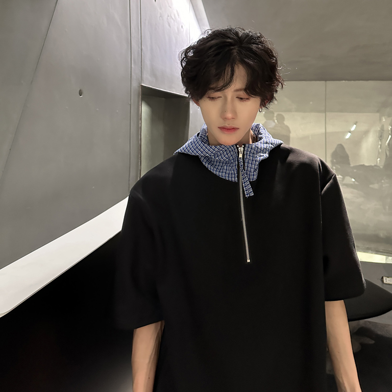 韩国撞色格子拼接连帽拉链短袖T恤男韩版设计高级感痞帅半袖上衣