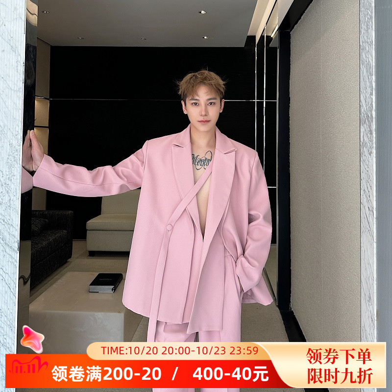 春装韩国时尚洋气小众粉色双领绑带设计西服套装男阔腿西裤两件套