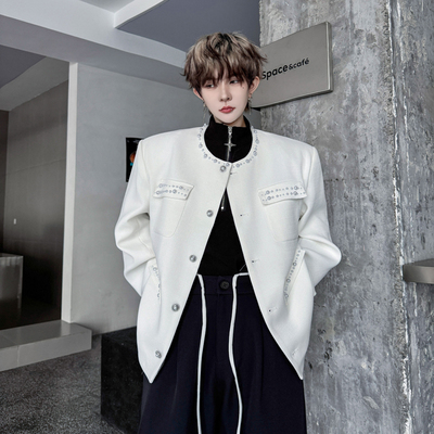 秋季韩国钉珠小香风垫肩西服外套男设计感珍珠装饰廓形气质西装潮