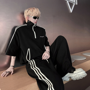 美式潮牌ins三条杠休闲运动卫衣套装男时尚半拉链短袖痞帅阔腿裤