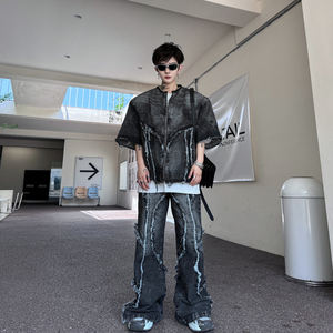 夏季美式高街重工做旧水洗毛边牛仔夹克短袖套装男炸街微喇长裤潮