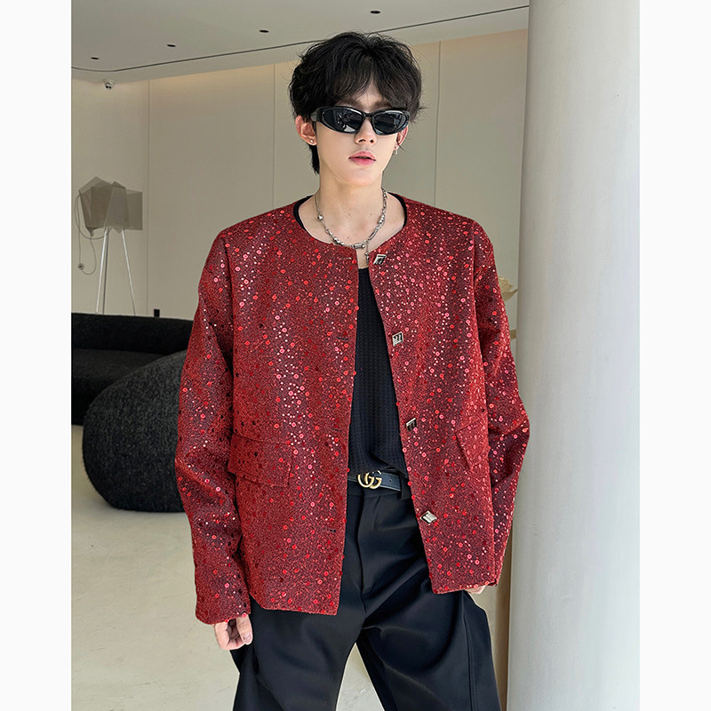 小香风无领亮片短款西服外套男炸街痞帅酒吧夜店男模穿搭上衣演出