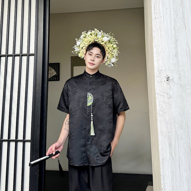 复古新中式提花锦缎立领短袖衬衫男小众国风流苏压襟挂饰衬衫潮流