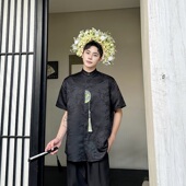 复古新中式 潮流 男小众国风流苏压襟挂饰衬衫 提花锦缎立领短袖 衬衫