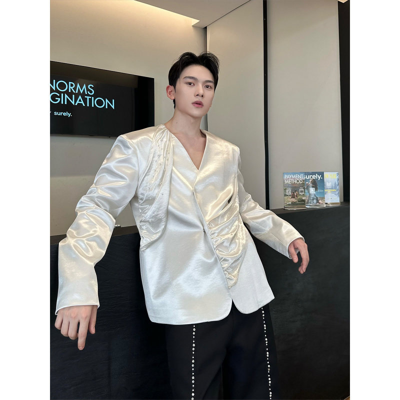 秋季轻奢珠光缎面无领西服外套男设计感时尚高级感晚宴礼服西装潮