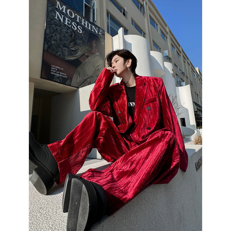 春季复古洋气丝绒高级感西服套装男雅痞双排扣阔腿长裤两件套韩版