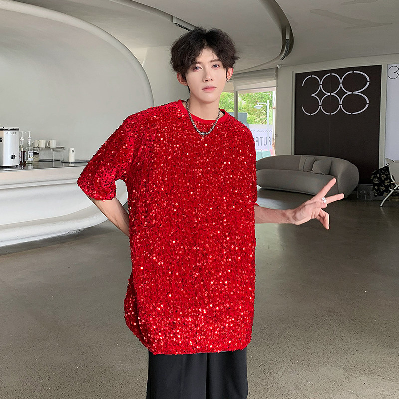 夏季ins潮牌红色亮片时尚T恤男短袖设计炸街高级感小众表演舞台装