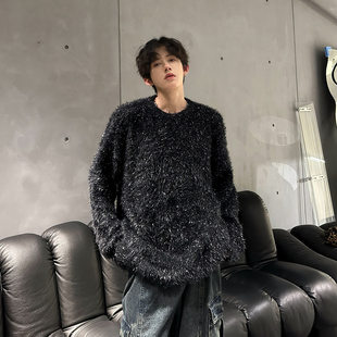秋冬小众银丝毛毛衣男女潮流时尚洋气高级感痞帅网红慵懒风针织衫
