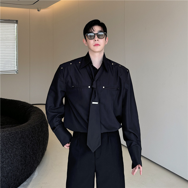 秋季韩版铆钉装饰设计领带搭配休闲衬衣男垫肩高级感痞帅工装衬衫