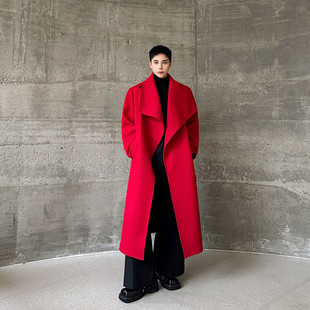 秋冬红色大翻领长款过膝毛呢大衣外套男廓形复古风衣开衩气质上衣