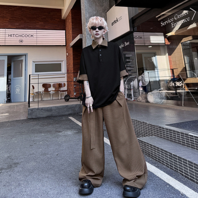 夏装复古撞色拼接条纹短袖T恤男韩系穿搭休闲Polo衫阔腿长裤套装