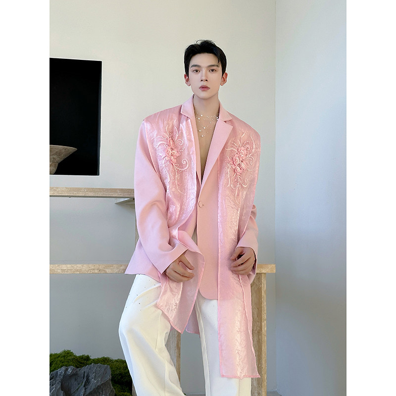 秋季时尚设计师走秀款粉色个性刺绣飘纱气质西服外套演出高级感男,男装,西服,淘宝优惠券,粉丝福利购,淘宝优惠卷