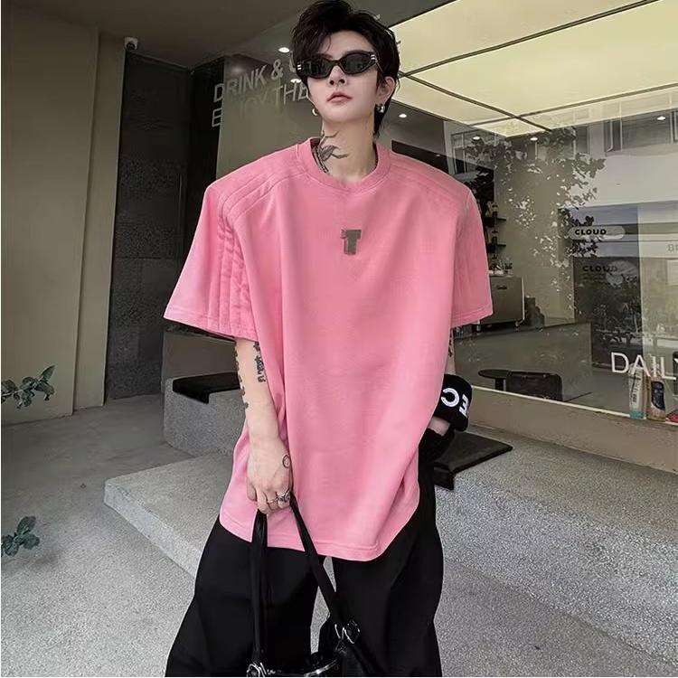 夏装时尚高级感小众金属标皱褶设计垫肩短袖T恤男痞帅网红半袖t恤