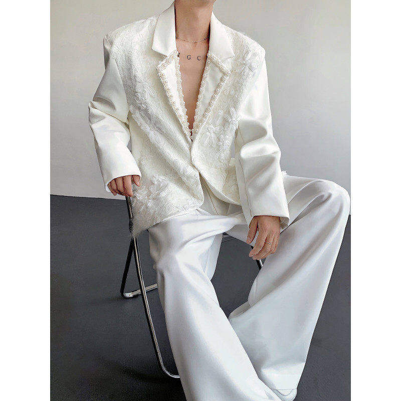 秋季重工立体提花珍珠领垫肩西装外套男礼服蕾丝花朵气质轻奢西服,男装,西服,淘宝优惠券,粉丝福利购,淘宝优惠卷