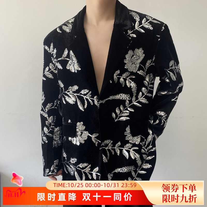 春季复古时髦洋气丝绒刺亮片中式西服男韩版高级感雅痞西装外套潮
