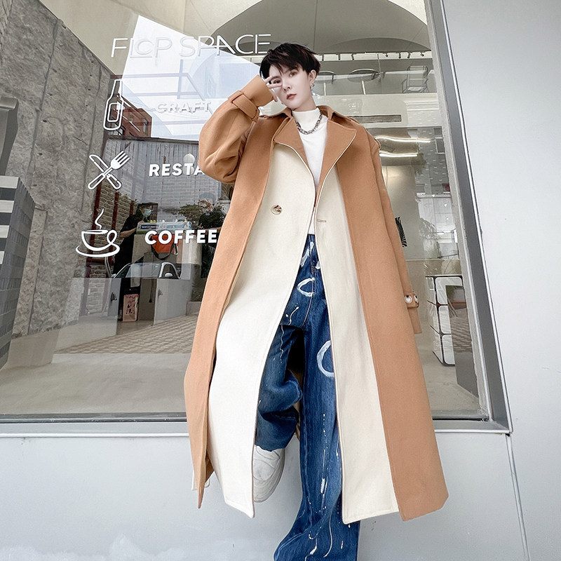 冬季高级感撞色中长款毛呢大衣男韩版时尚设计感呢子休闲宽松