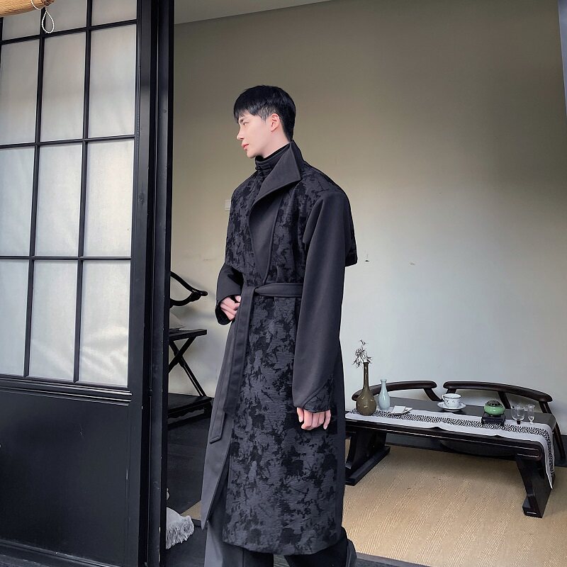 겨울 복고풍 자카드 접합 디스크 버클 스탠드 칼라 모직 코트 남성 벨트 디자인 긴 선 윈드 브레이커 재킷