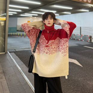春装圣诞氛围时尚渐变色可翻高领个性针织衫男女过年战袍毛衣外套