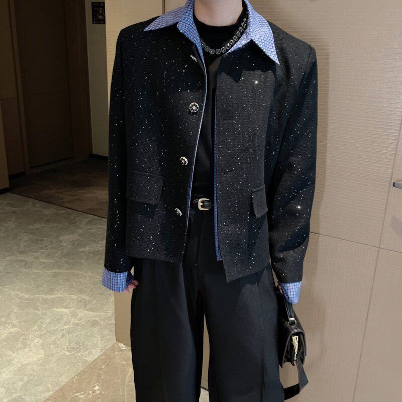 韩版气质高级感衬衫拼接假两件西装外套男细闪满身亮片小香风夹克