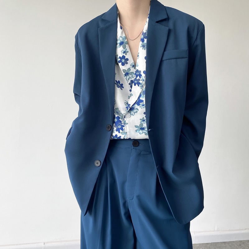 秋季简约靛蓝色复古休闲西服男韩版宽松时髦痞帅高级感西装外套潮