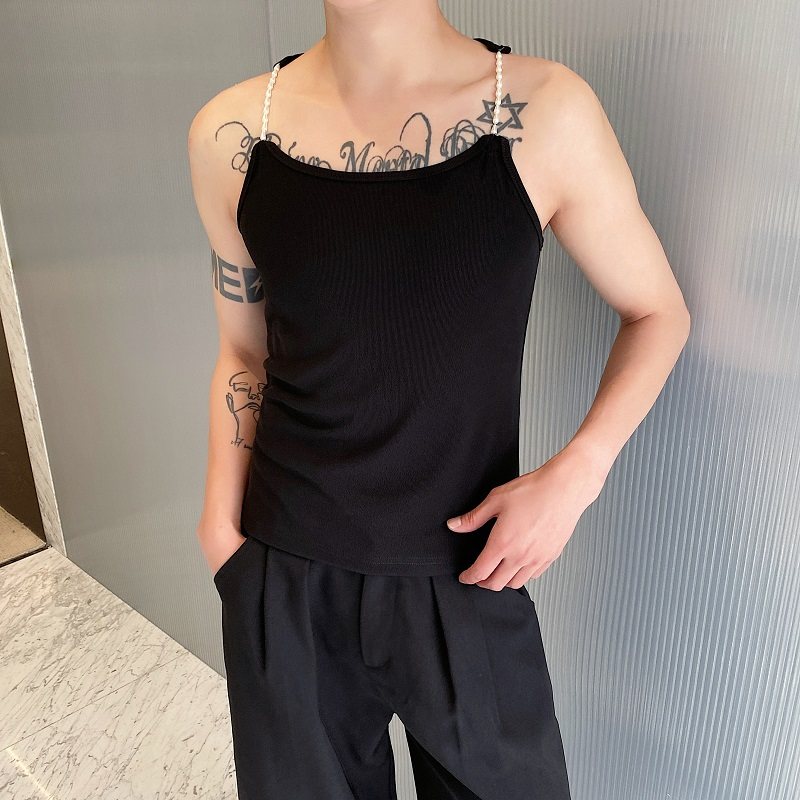 夏季个性珍珠肩带设计短背心男女内搭上衣设计感弹力紧身针织小众,男装,背心,淘宝优惠券,粉丝福利购,淘宝优惠卷