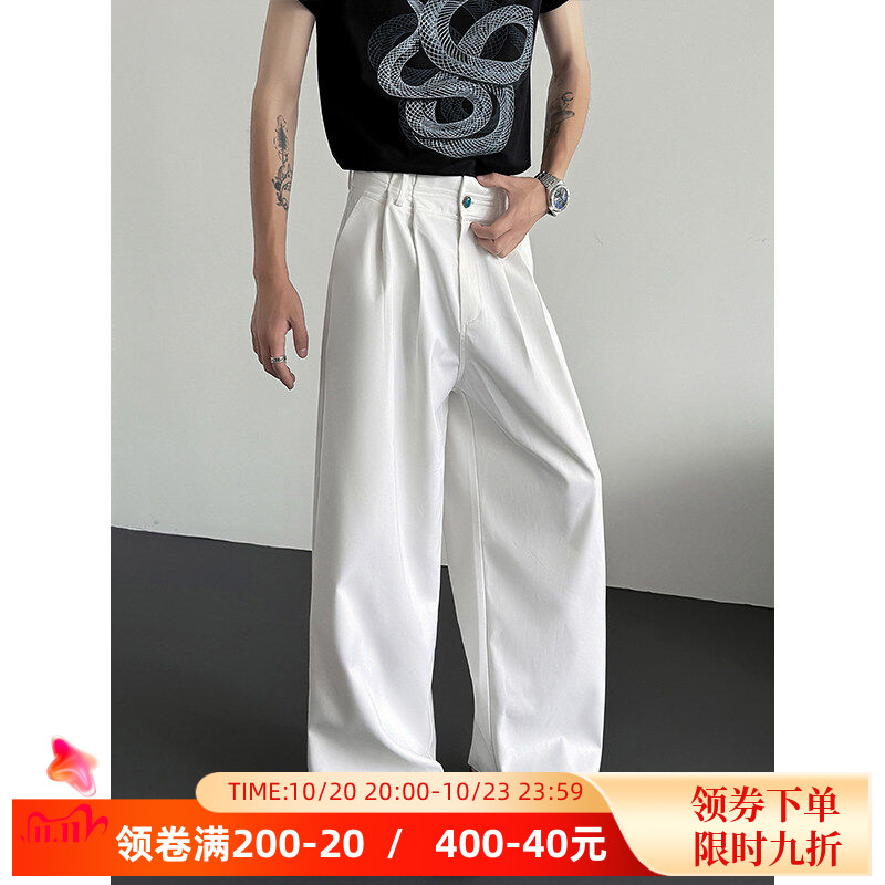 夏季高级感阔腿西装裤男宝石装饰褶皱腰宽松直筒坠垂拖地长裤百搭