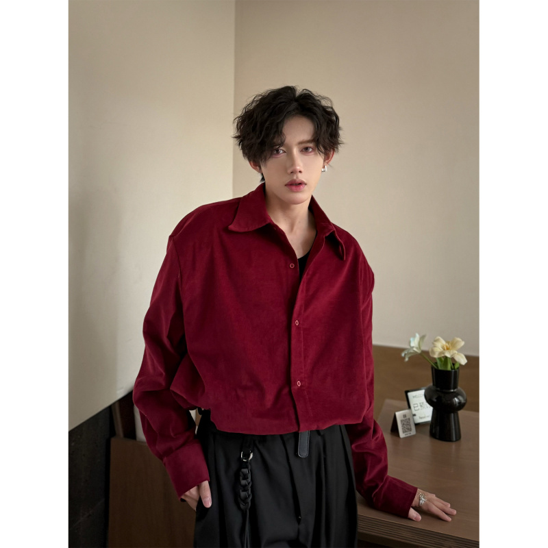 酒红色灯芯绒衬衫男长袖时尚气质廓形垫肩高级感禁欲cleanfit外套